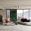 Modern Living Room Interior With Circular Ceiling Light Spiral Staircase City View And Green Plant
