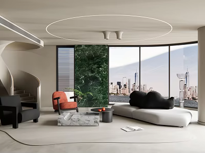 Modern Living Room Interior With Circular Ceiling Light Spiral Staircase City View And Green Plant 3d model