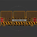 Yellow Movable Safety Barriers With Closed Area Signs Red Stop Signs And Warning Stripes
