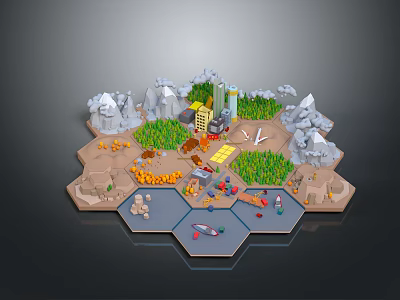 Hexagonal Scenic Model Landscape Featuring Rocky Mountains Green Vegetation Blue Water And Small Structures 3d model