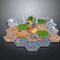 Hexagonal Scenic Model Landscape Featuring Rocky Mountains Green Vegetation Blue Water And Small Structures