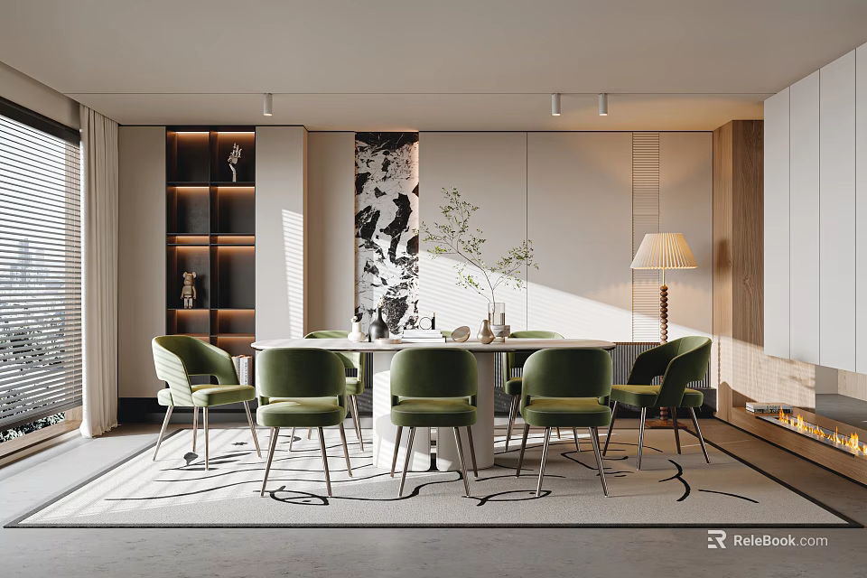 Elegant Modern Restaurant Interior With Open Concept Round Dining Table And Green Chairs 3d model