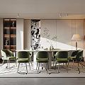 Elegant Modern Restaurant Interior With Open Concept Round Dining Table And Green Chairs