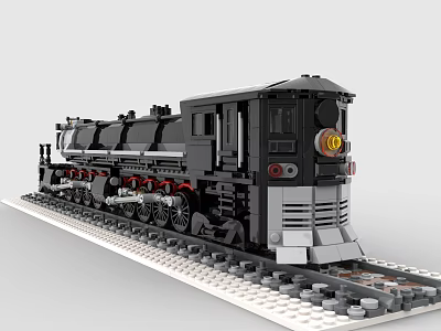 Building Blocks Black Steam Locomotive Model with Red Details on Tracks 3d model