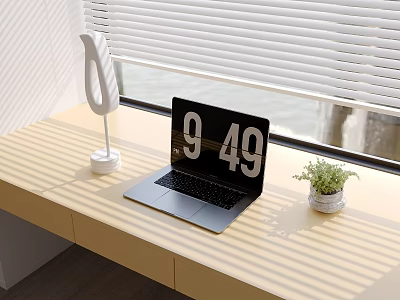Modern Desk Setup With Laptop Lamp Small Plant And Sunlight Shadows From Blinds 3d model
