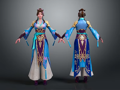 Ancient Female Character With Traditional Blue Purple Gold Costume And Mythical Creature Pattern Front Back Design 3d model