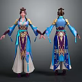 Ancient Female Character With Traditional Blue Purple Gold Costume And Mythical Creature Pattern Front Back Design