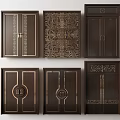 Various Designed Double Doors With Dark Color Golden Accents And Carved Patterns