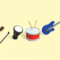 Assorted Musical Instruments Collection with Violin Red Drum Blue Guitar and Drumsticks