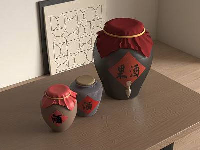 Traditional Ceramic Jars With Red Lids Chinese Characters Jiu And Heijiu On Wooden Tabletop 3d model