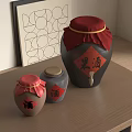 Traditional Ceramic Jars With Red Lids Chinese Characters Jiu And Heijiu On Wooden Tabletop