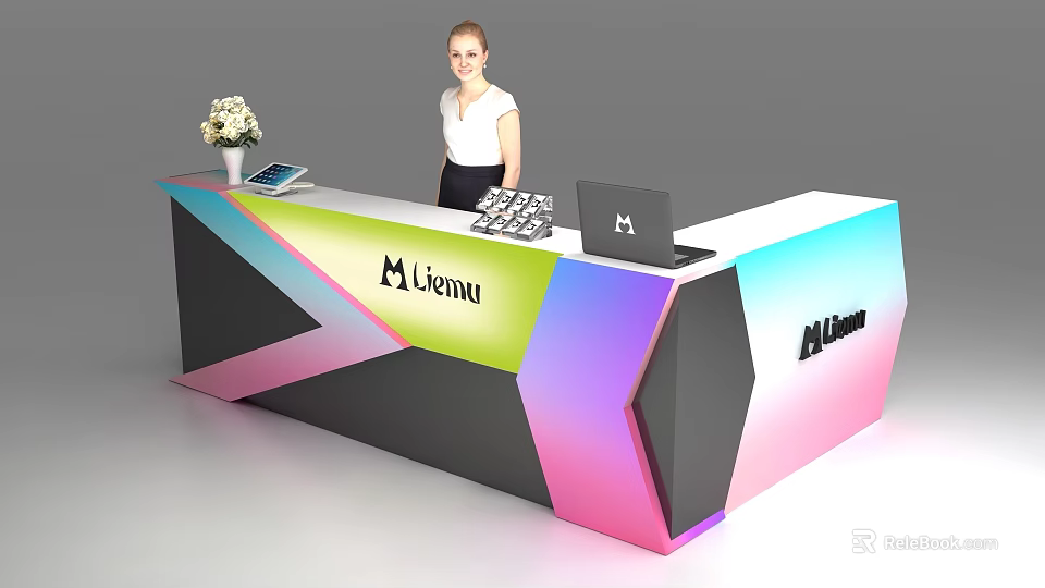 Modern Likinu Reception Desk with Colorful Gradient Design Tablet Laptop and Flower Vase 3d model 