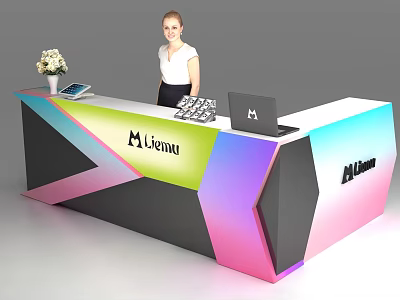 Modern Likinu Reception Desk with Colorful Gradient Design Tablet Laptop and Flower Vase 3d model