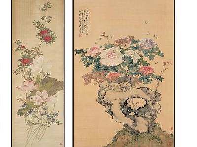 Traditional Chinese Botanical Paintings with Flowers Rock and Calligraphy Artwork 3d model