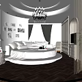 Stylish White Round Bed Interior With Chandelier Dark Curtains Wooden Floor And Wall Art