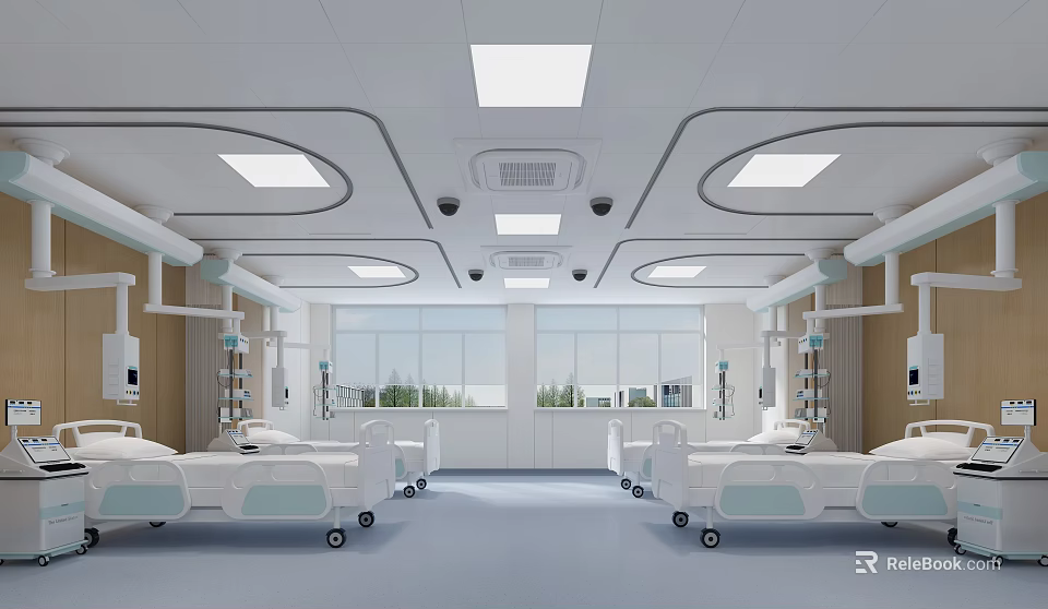 Modern Hospital Outpatient Ward With Beds And Windows 3d model 
