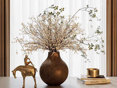 Copper Round Vase With White Floral Branches And Golden Horse Statue Beside Books And Candle 3d model