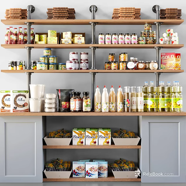 Organized Kitchen Shelves With Various Spice Bottles And Condiments Storage 3d model 
