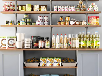 Organized Kitchen Shelves With Various Spice Bottles And Condiments Storage 3d model