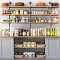 Organized Kitchen Shelves With Various Spice Bottles And Condiments Storage 3d model