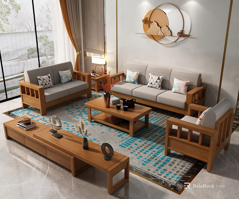 Modern Living Room Interior With Wooden Sofas Coffee Table Colorful Rug And Circular Decor 3d model 