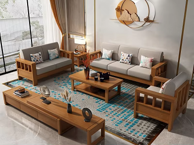 Modern Living Room Interior With Wooden Sofas Coffee Table Colorful Rug And Circular Decor 3d model