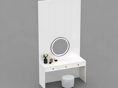 White Dressing Table with Round Mirror Drawers and Decorative Accessories Stool 3d model