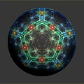Artistic Colorful Sphere With Geometric Patterns And Luminous Dots On Dark Background