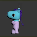 Cute Fantasy Creature With Blue Head Purple Horn Pink Heart Nose Crossed Hands Golden Stars