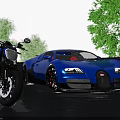 Blue Bugatti Sports Car Parked Next To Motorcycle With Green Trees And Stone Wall
