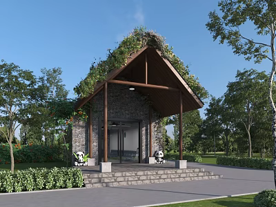 Eco Friendly Rustic Cottage With Green Roof Stone Walls Wooden Beams Surrounded By Trees 3d model