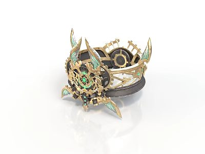Ornate Steampunk Ring With Gold Gears Green Gemstones And Decorative Spikes 3d model