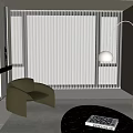 Modern Living Room Interior With White Venetian Blinds Curved Brown Chair And Arc Floor Lamp