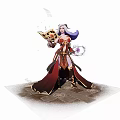 Fantasy game character with white and purple hair in red robes holding magic scroll and orb