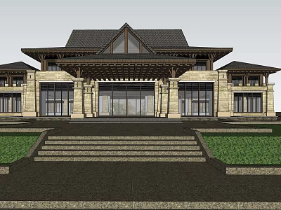 Chinese Style Clubhouse Exterior With Black Roof Wooden Structure Stone Walls Front Steps And Lawn 3d model