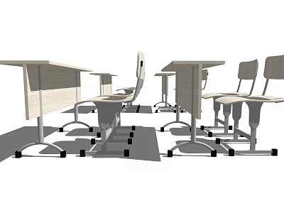 Light Colored Classroom Desk And Chair Set With Wheeled Chairs And Simple Structure 3d model