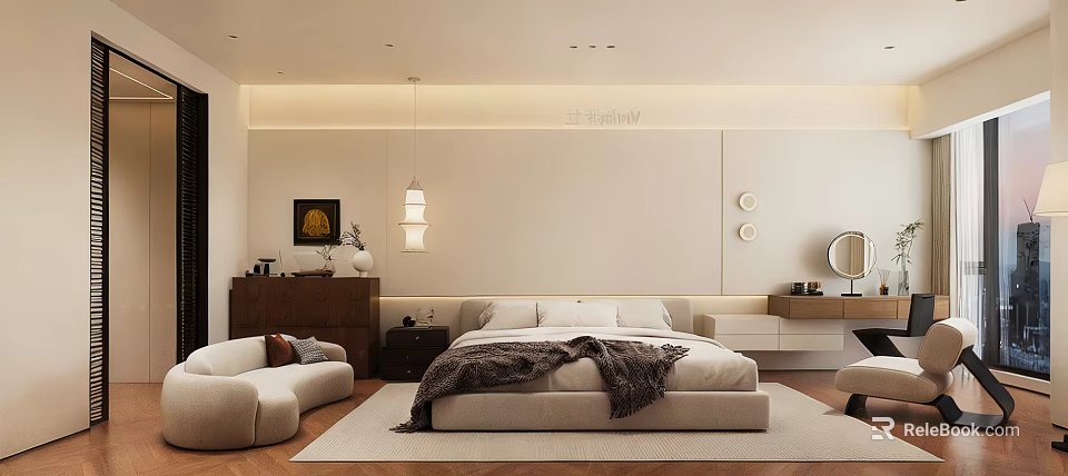 Modern Bedroom Interior With Comfortable Bed Sofa Decorative Painting And Chandelier 3d model 