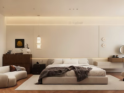 Modern Bedroom Interior With Comfortable Bed Sofa Decorative Painting And Chandelier 3d model