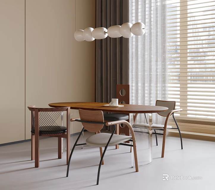 Modern Dining Room Table And Chair Set With Round Wooden Top Pendant Light And Window Curtain 3d model 