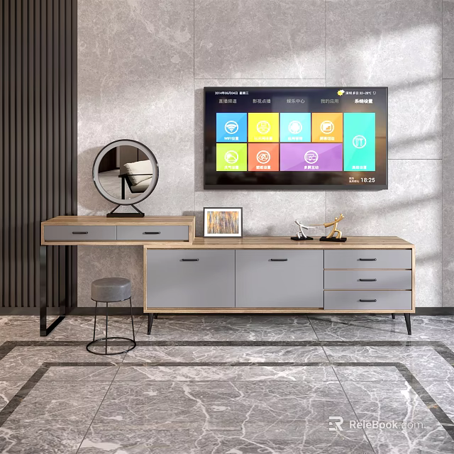 Modern Gray Wooden TV Stand with Drawers Decorative Items and Photo Frame in Stylish Interior 3d model 