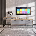 Modern Gray Wooden TV Stand with Drawers Decorative Items and Photo Frame in Stylish Interior
