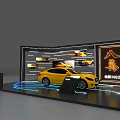 Modern Car Showroom Display With Silver Yellow Cars Glass Cases And Bright Lighting Elements