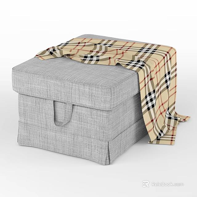 Gray Fabric Storage Ottoman With Plaid Blanket And Handle Design 3d model