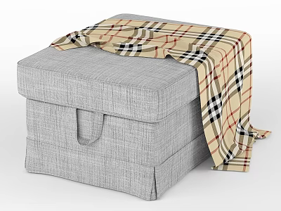 Gray Fabric Storage Ottoman With Plaid Blanket And Handle Design 3d model