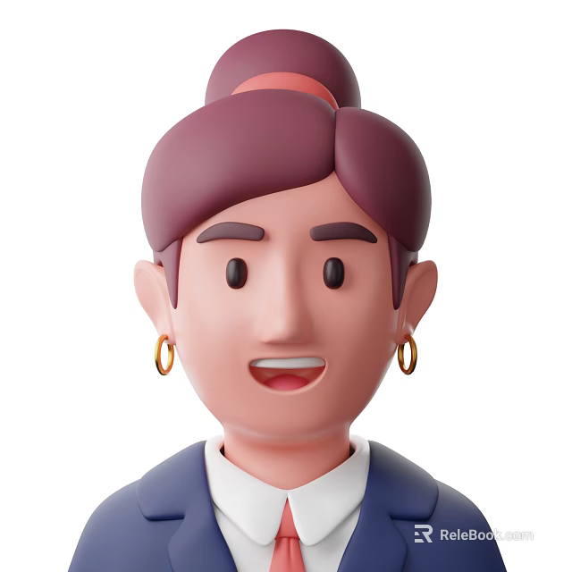 Cartoon Woman With Bun Hairstyle Gold Earrings Smiling Expression Blue Coat White Collar 3d model 