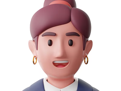 Cartoon Woman With Bun Hairstyle Gold Earrings Smiling Expression Blue Coat White Collar 3d model