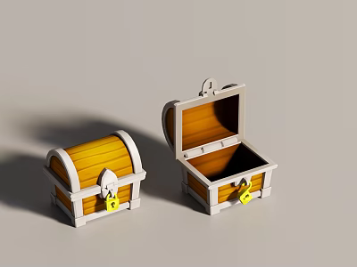 Two Wooden Treasure Chests With Yellow Locks Open And Closed White Borders 3d model