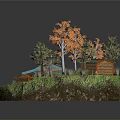 Miniature Natural Landscape With Log Cabin Orange Green Trees Wooden Bridge And Grass