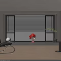 Window Blinds In Modern Room With Red Doll Green Plant Black Chair And Wooden Floor
