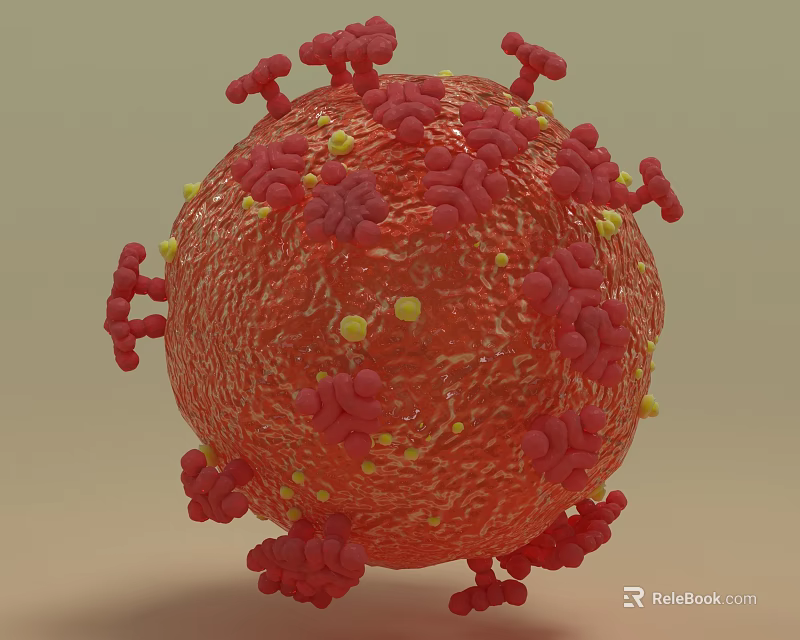 Detailed 3D Rendering of Virus Structure With Red Surface Spike Proteins and Yellow Particles 3d model 